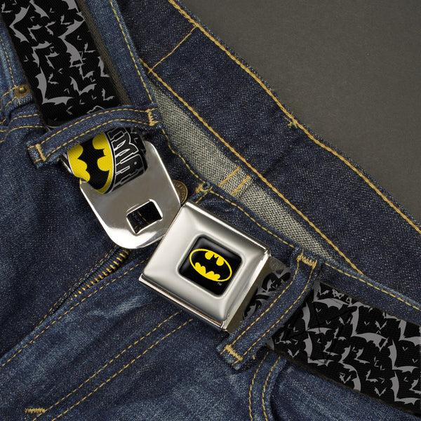 Buckle-Down Batman Full Color Black Yellow Seatbelt Belt - BATMAN W/Bat Shield & Flying Bats Black/Gray Webbing