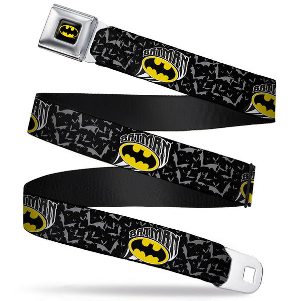 Buckle-Down Batman Full Color Black Yellow Seatbelt Belt - BATMAN w/Bat Shield & Flying Bats Black/Gray Webbing