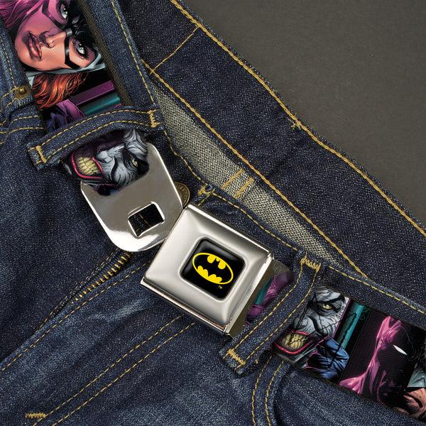 Buckle-Down Batman Full Color Black/Yellow Seatbelt Belt - Batman Batgirl And Joker Comic Book Cover Face Close-Ups Black Webbing