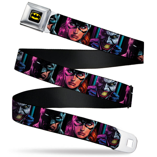 Buckle-Down Batman Full Color Black/Yellow Seatbelt Belt - Batman Batgirl and Joker Comic Book Cover Face Close-Ups Black Webbing