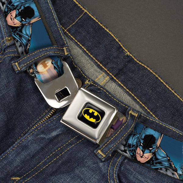 Buckle-Down Batman Full Color Black Yellow Seatbelt Belt - Batman 2-Action Poses/Bat Signal Spotlight/Skyline Webbing