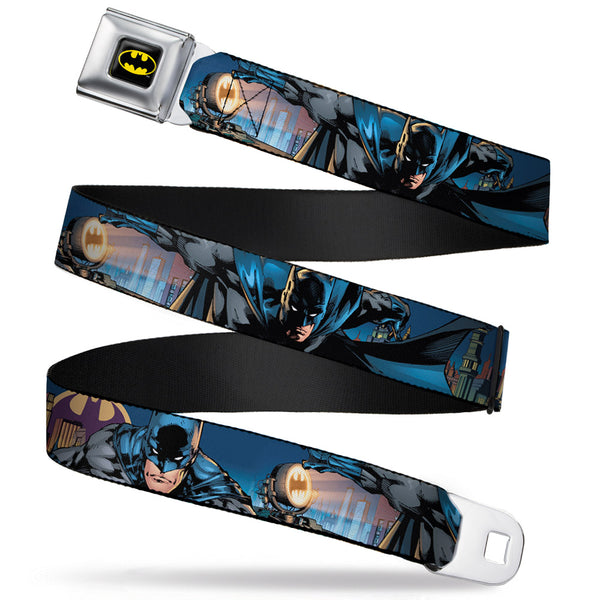 Buckle-Down Batman Full Color Black Yellow Seatbelt Belt - Batman 2-Action Poses/Bat Signal Spotlight/Skyline Webbing