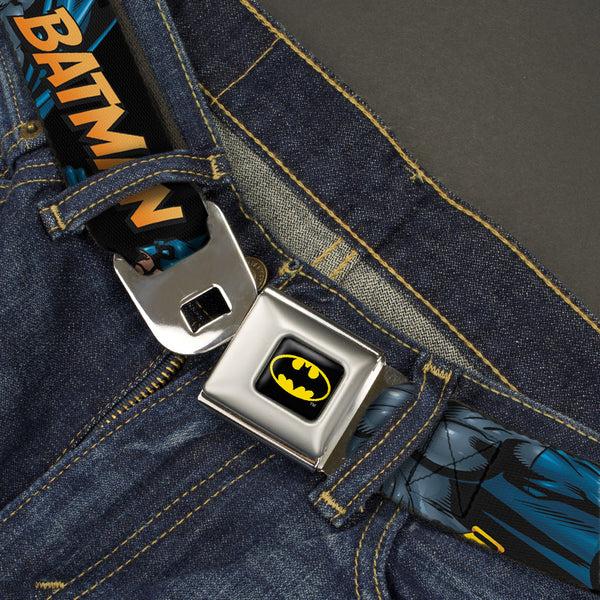 Buckle-Down Batman Full Color Black Yellow Seatbelt Belt - BATMAN Action Poses/Bat Signal Black Webbing