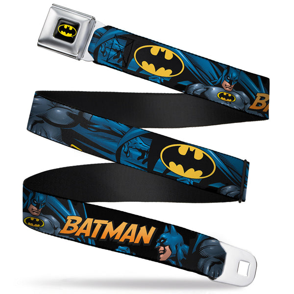 Buckle-Down Batman Full Color Black Yellow Seatbelt Belt - BATMAN Action Poses/Bat Signal Black Webbing