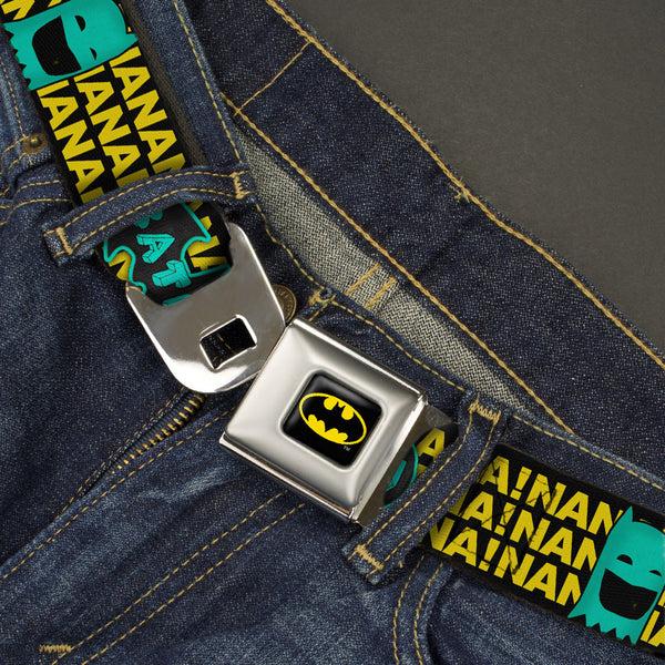 Buckle-Down Batman Full Color Black Yellow Seatbelt Belt - Batman Face & Logo Sketch/NANANA Black/Yellow/Aqua Webbing