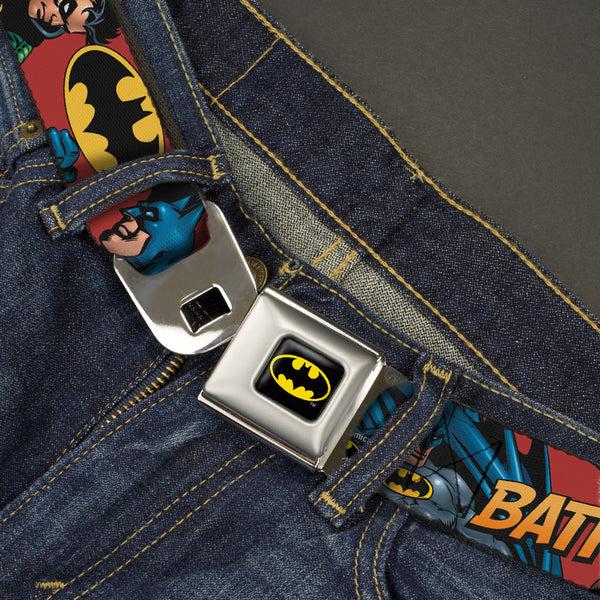 Buckle-Down Batman Full Color Black Yellow Seatbelt Belt - Batman & Robin In Action W/Text Burgundy Webbing