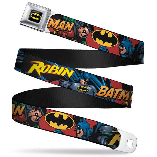Buckle-Down Batman Full Color Black Yellow Seatbelt Belt - Batman & Robin in Action w/Text Burgundy Webbing