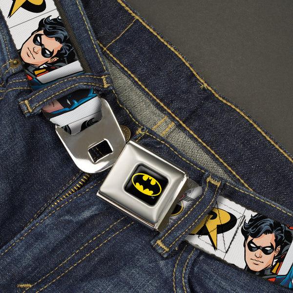 Buckle-Down Batman Full Color Black Yellow Seatbelt Belt - Batman & Robin Blocks White Webbing
