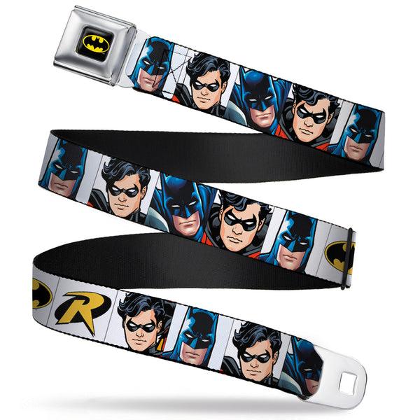 Buckle-Down Batman Full Color Black Yellow Seatbelt Belt - Batman & Robin Blocks White Webbing