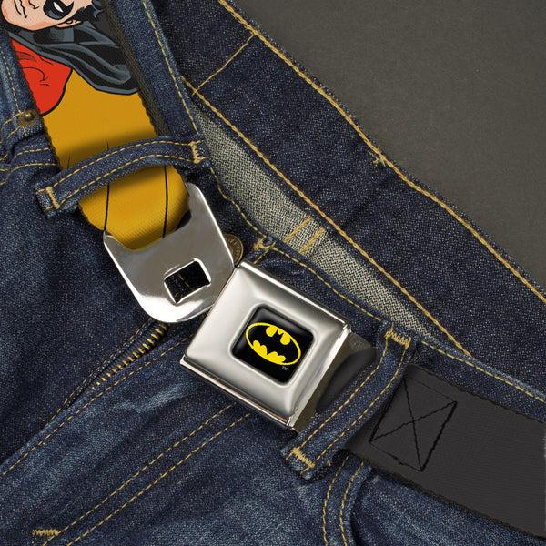 Buckle-Down Batman Full Color Black Yellow Seatbelt Belt - ROBIN Red/Black Poses Gray Webbing
