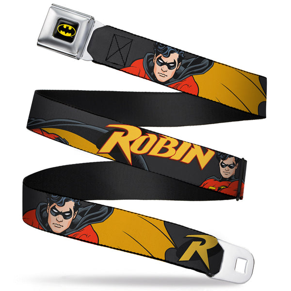 Buckle-Down Batman Full Color Black Yellow Seatbelt Belt - ROBIN Red/Black Poses Gray Webbing
