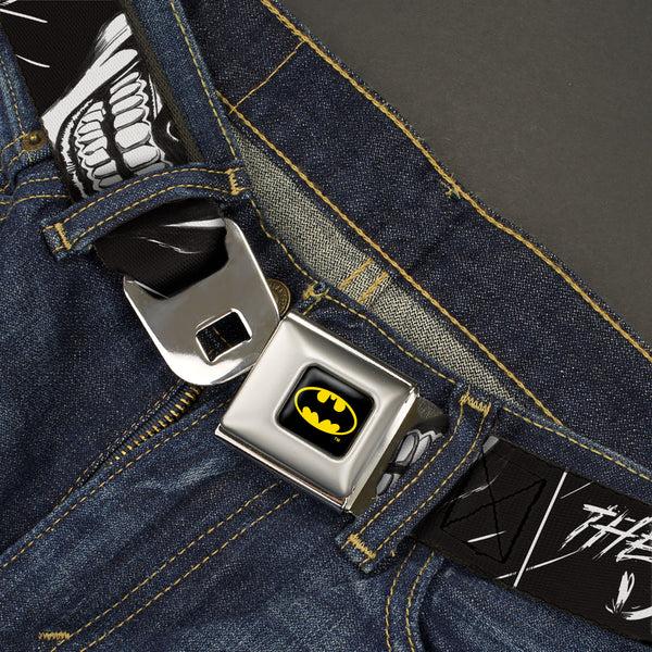 Buckle-Down Batman Full Color Black/Yellow Seatbelt Belt - THE JOKER Smiling Eyes Sketch Close-Up Black/White Webbing