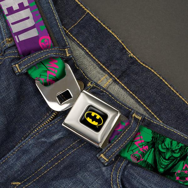Buckle-Down Batman Full Color Black/Yellow Seatbelt Belt - THE JOKER WANTED Smiling Pose And Graffiti Purples/Greens Webbing