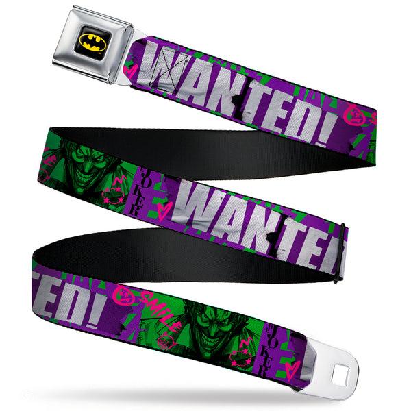 Buckle-Down Batman Full Color Black/Yellow Seatbelt Belt - THE JOKER WANTED Smiling Pose and Graffiti Purples/Greens Webbing