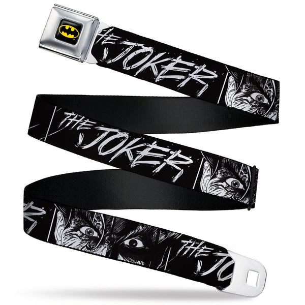 Buckle-Down Batman Full Color Black/Yellow Seatbelt Belt - THE JOKER Smiling Eyes Sketch Close-Up Black/White Webbing