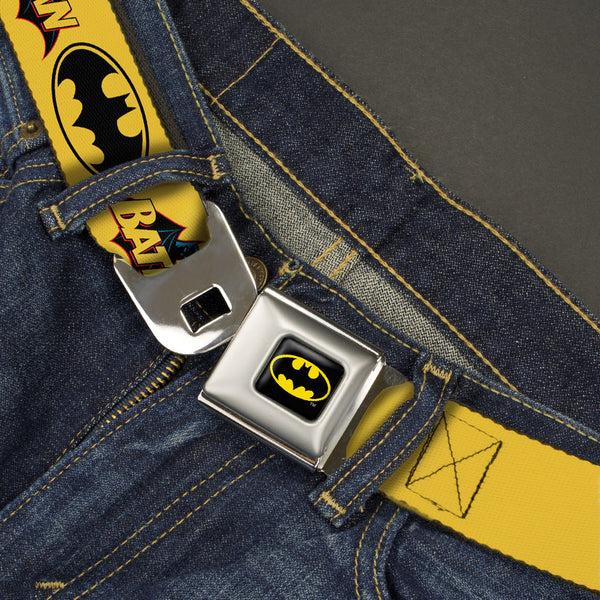 Buckle-Down Batman Full Color Black Yellow Seatbelt Belt - Vintage Batman Logo & Bat Signal-3 Yellow Webbing