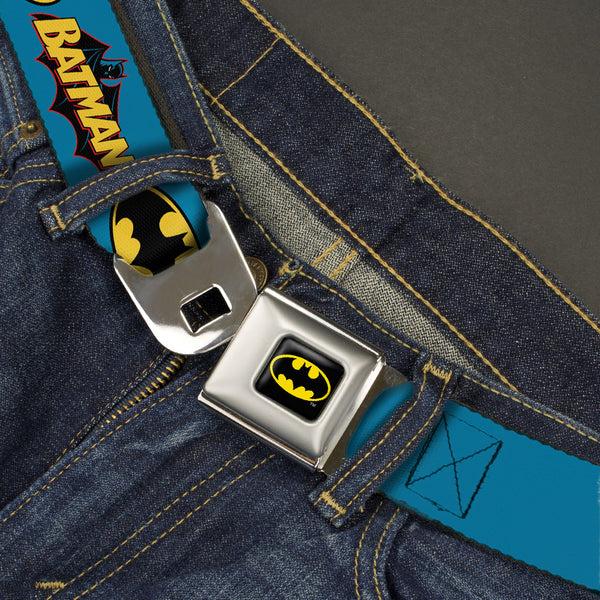Buckle-Down Batman Full Color Black Yellow Seatbelt Belt - Vintage Batman Logo & Bat Signal Blue Webbing
