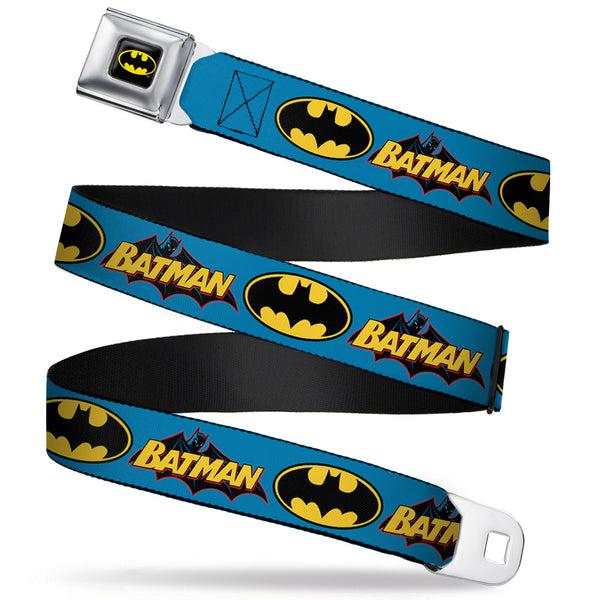 Buckle-Down Batman Full Color Black Yellow Seatbelt Belt - Vintage Batman Logo & Bat Signal Blue Webbing