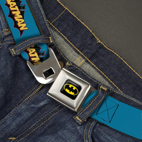 Buckle-Down Batman Full Color Black Yellow Seatbelt Belt - Vintage Batman Logo Blue Webbing