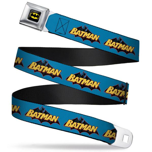 Buckle-Down Batman Full Color Black Yellow Seatbelt Belt - Vintage Batman Logo Blue Webbing