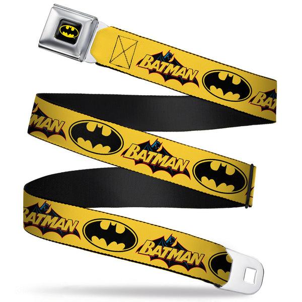 Buckle-Down Batman Full Color Black Yellow Seatbelt Belt - Vintage Batman Logo & Bat Signal-3 Yellow Webbing