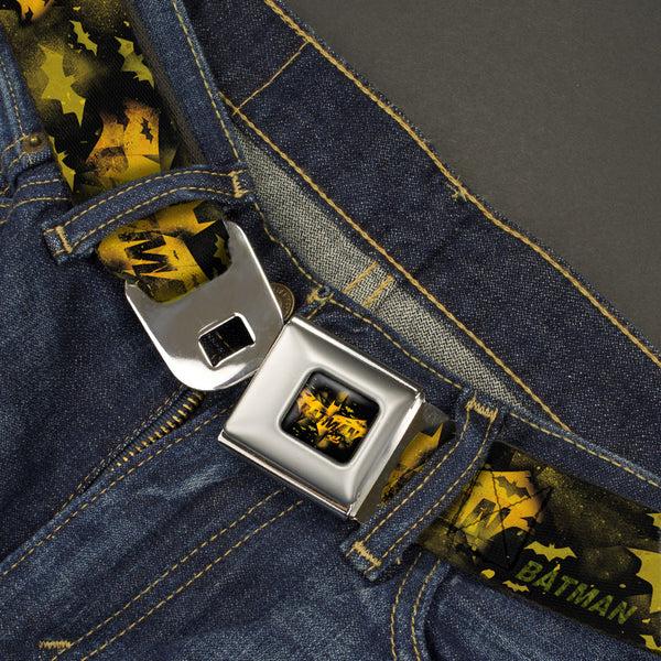 Buckle-Down BATMAN-JL Bats Scattered Full Color Black Yellows Seatbelt Belt - JUSTICE LEAGUE-BATMAN Bats Scattered Black/Yellows Webbing