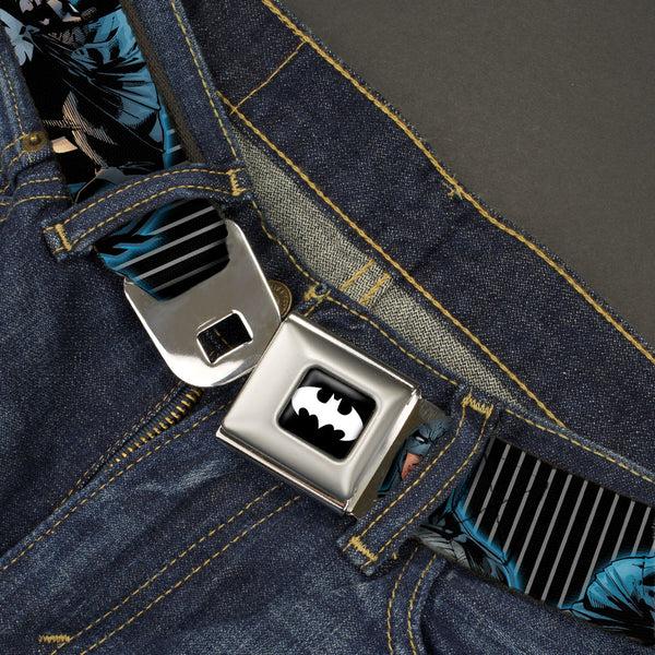 Buckle-Down Batman Signal Full Color Black/White Seatbelt Belt - Batman Standing/Crouching Poses Stripe Black/Gray Webbing