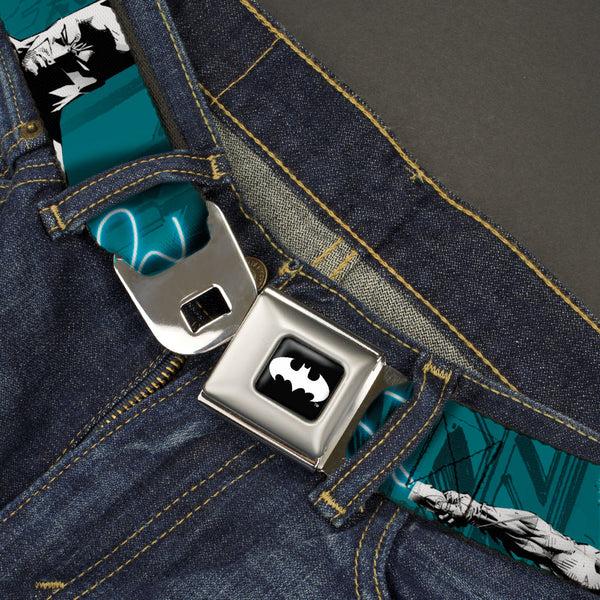 Buckle-Down Batman Signal Full Color Black/White Seatbelt Belt - Batman Hush Grappling Hook/Standing Poses Aqua/Black/Grays Webbing