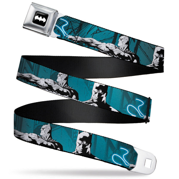 Buckle-Down Batman Signal Full Color Black/White Seatbelt Belt - Batman Hush Grappling Hook/Standing Poses Aqua/Black/Grays Webbing