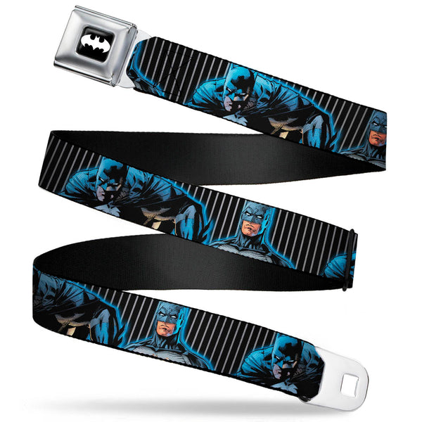 Buckle-Down Batman Signal Full Color Black/White Seatbelt Belt - Batman Standing/Crouching Poses Stripe Black/Gray Webbing