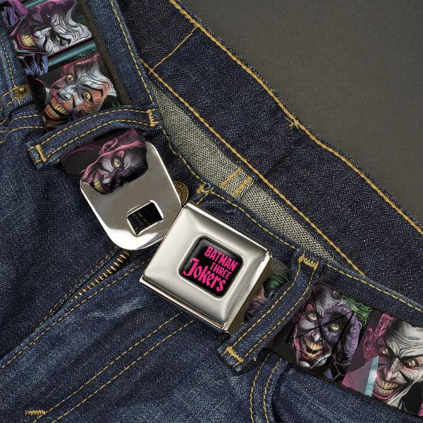 Buckle-Down BATMAN THREE JOKERS Text Black/Purple Seatbelt Belt - Joker Comic Book Cover Face Blocks Webbing