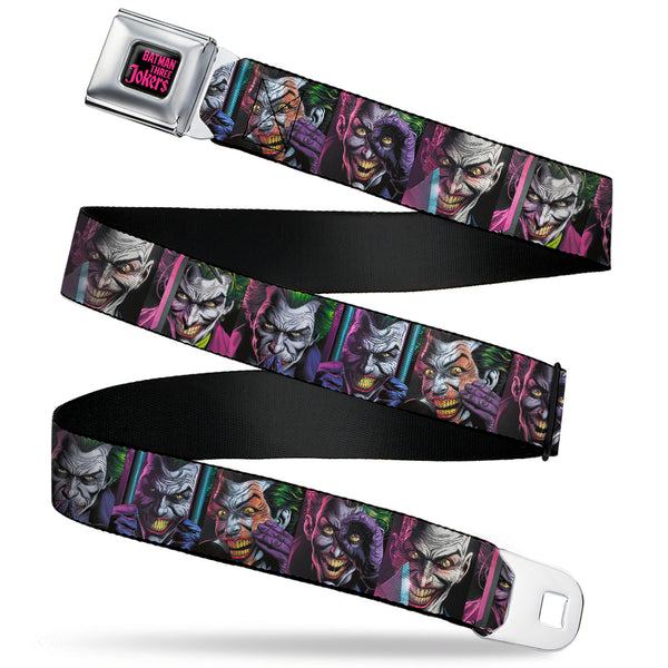 Buckle-Down BATMAN THREE JOKERS Text Black/Purple Seatbelt Belt - Joker Comic Book Cover Face Blocks Webbing