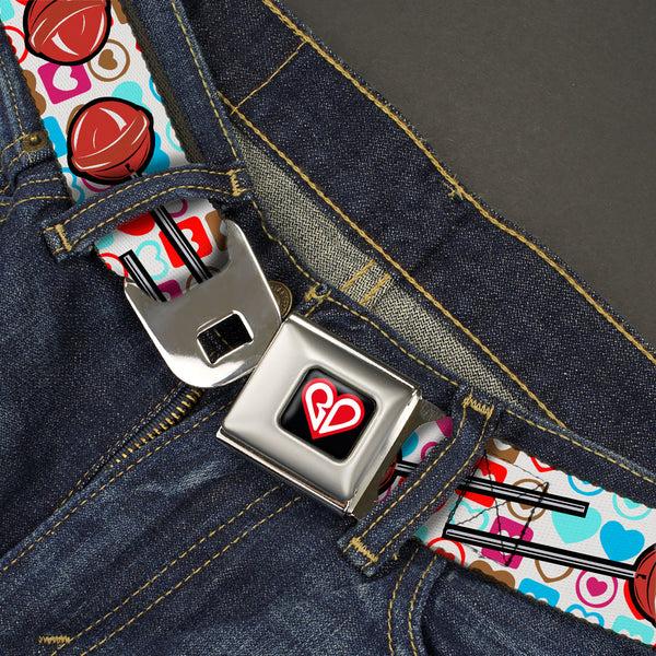 Buckle-Down BD Heart Logo Full Color Black/Red/White Seatbelt Belt - Lollipop Hearts White Webbing