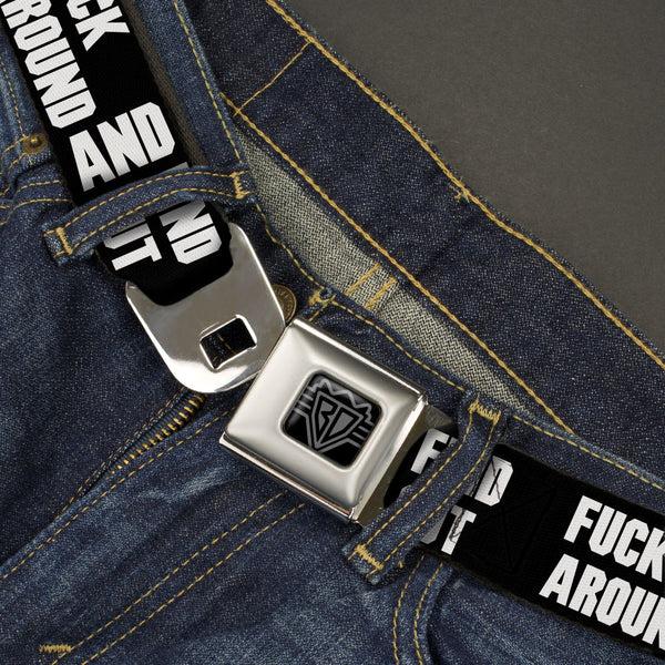 Buckle-Down BD Wings Logo CLOSE-UP Black/Silver Seatbelt Belt - FAFO FUCK AROUND AND FIND OUT Bold Black/White Webbing