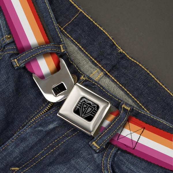 Buckle-Down BD Wings Logo CLOSE-UP Black/Silver Seatbelt Belt - Flag Lesbian Five Stripe Oranges/White/Pinks Webbing