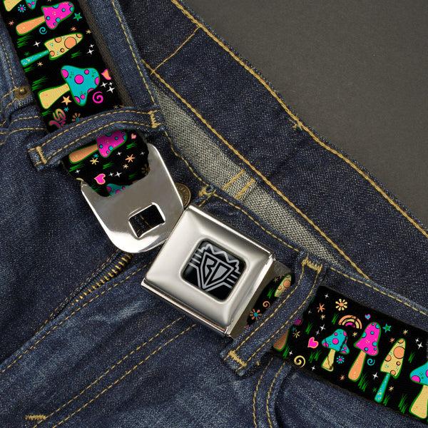 Buckle-Down BD Wings Logo CLOSE-UP Black/Silver Seatbelt Belt - Mushroom SHROOMY Garden Black/Multi Color Webbing
