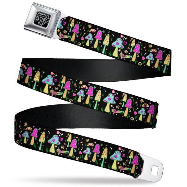 Buckle-Down BD Wings Logo CLOSE-UP Black/Silver Seatbelt Belt - Mushroom SHROOMY Garden Black/Multi Color Webbing
