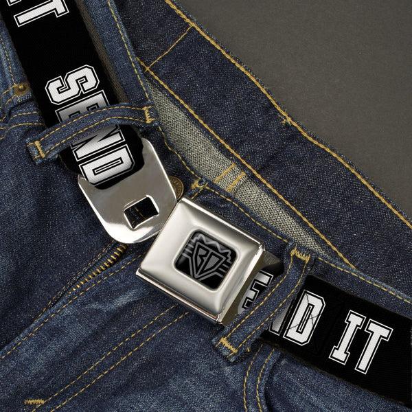 Buckle-Down BD Wings Logo CLOSE-UP Black/Silver Seatbelt Belt - SEND IT Black/White Webbing