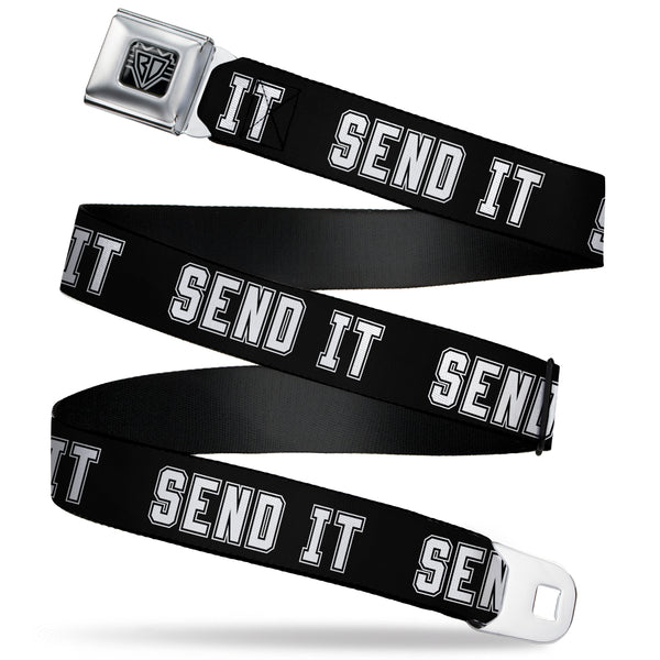 Buckle-Down BD Wings Logo CLOSE-UP Black/Silver Seatbelt Belt - SEND IT Black/White Webbing