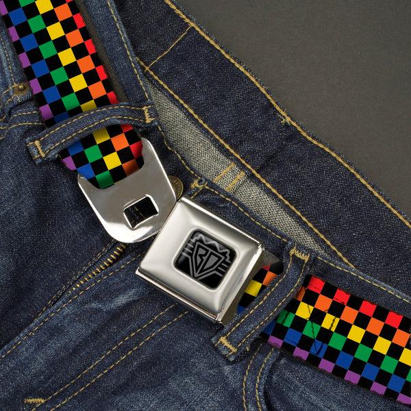 Buckle-Down BD Wings Logo CLOSE-UP Black/Silver Seatbelt Belt - Checker Black/Rainbow Multi Color Webbing