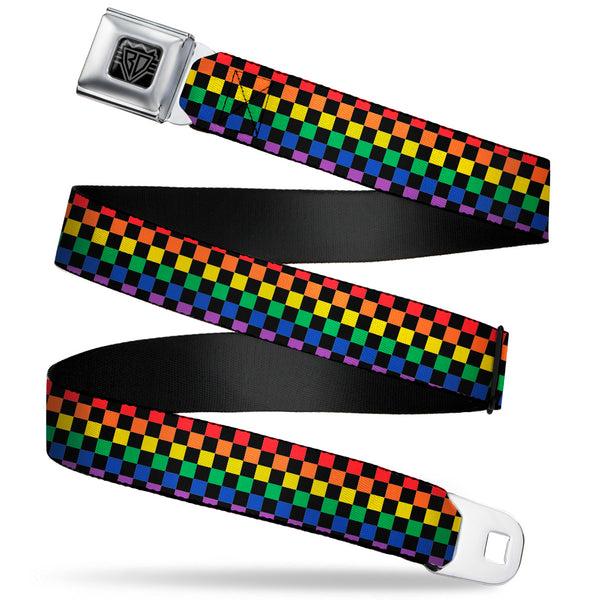 Buckle-Down BD Wings Logo CLOSE-UP Black/Silver Seatbelt Belt - Checker Black/Rainbow Multi Color Webbing