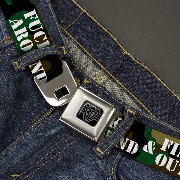 Buckle-Down BD Wings Logo CLOSE-UP Black/Silver Seatbelt Belt - FAFO FUCK AROUND & FIND OUT Stencil Camo/White Webbing