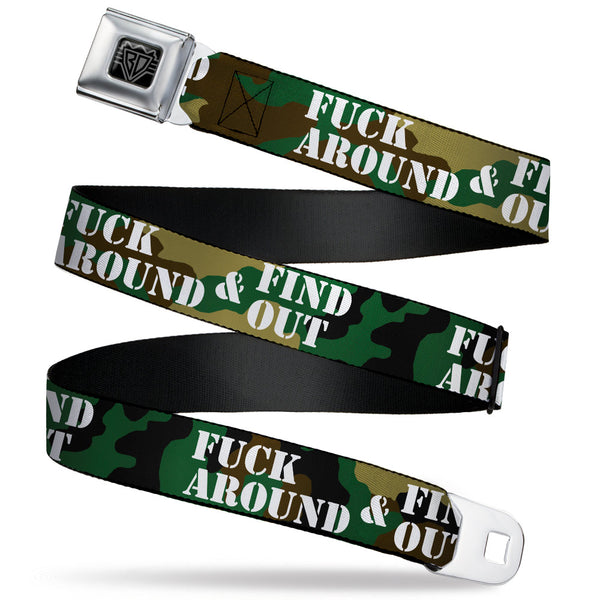 Buckle-Down BD Wings Logo CLOSE-UP Black/Silver Seatbelt Belt - FAFO FUCK AROUND & FIND OUT Stencil Camo/White Webbing