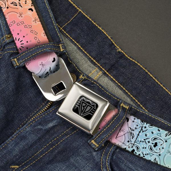 Buckle-Down BD Wings Logo CLOSE-UP Black/Silver Seatbelt Belt - Bandana Paisley Ombre Pastel/Black Webbing