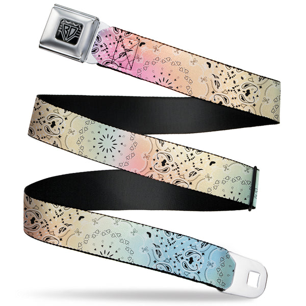 Buckle-Down BD Wings Logo CLOSE-UP Black/Silver Seatbelt Belt - Bandana Paisley Ombre Pastel/Black Webbing