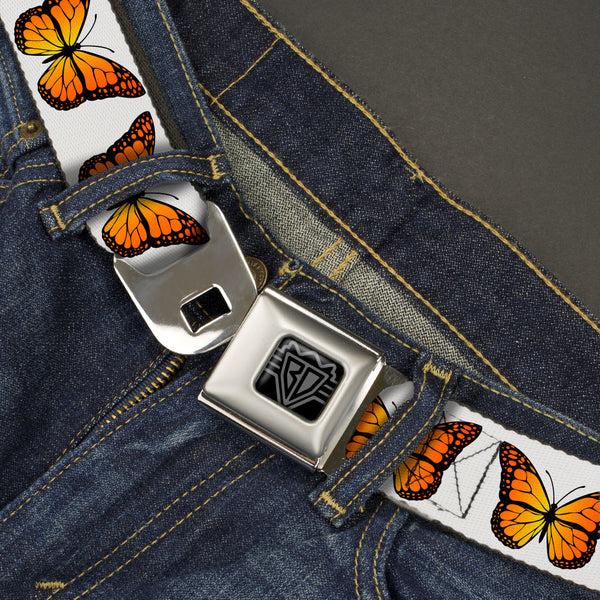 Buckle-Down BD Wings Logo CLOSE-UP Black/Silver Seatbelt Belt - Monarch Butterfly Repeat White Webbing