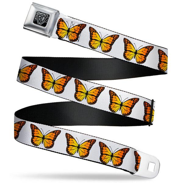 Buckle-Down BD Wings Logo CLOSE-UP Black/Silver Seatbelt Belt - Monarch Butterfly Repeat White Webbing
