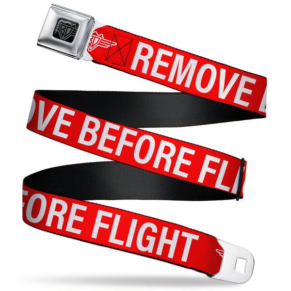 Buckle-Down BD Wings Logo CLOSE-UP Black/Silver Seatbelt Belt - Buckle-Down REMOVE BEFORE FLIGHT Red/White Webbing