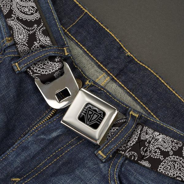 Buckle-Down BD Wings Logo CLOSE-UP Black/Silver Seatbelt Belt - Paisley Black/White Webbing