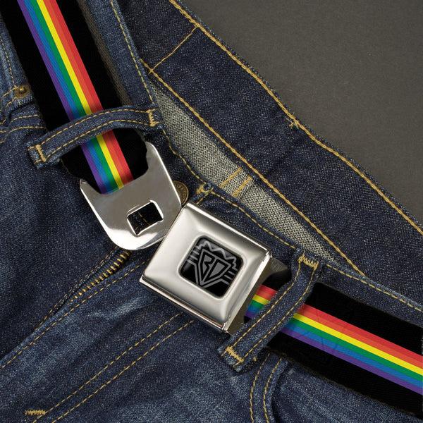 Buckle-Down BD Wings Logo CLOSE-UP Black/Silver Seatbelt Belt - Stripe Black/Rainbow Webbing